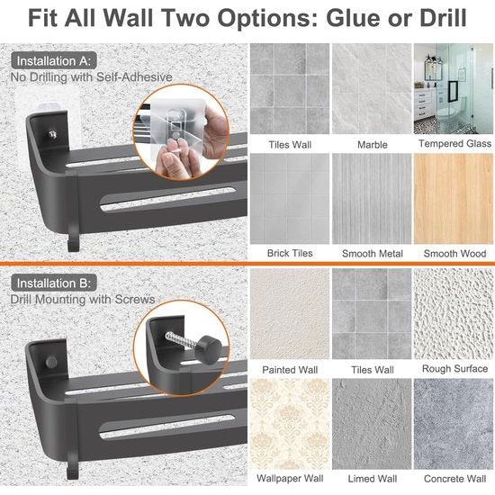 doucheplank zonder boren, set van 2 doucheplanken, badkamerplanken, ruimte aluminium doucheplank met 4 beweegbare haken, shampoohouder voor douche