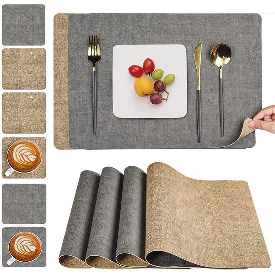 Placemats, afwasbaar en onderzetters, lederen onderzetters en placemats, set van 6, dubbele placemat, art empty, vuilafstotend, antislip, afwasbaar, for restaurant, eettafel