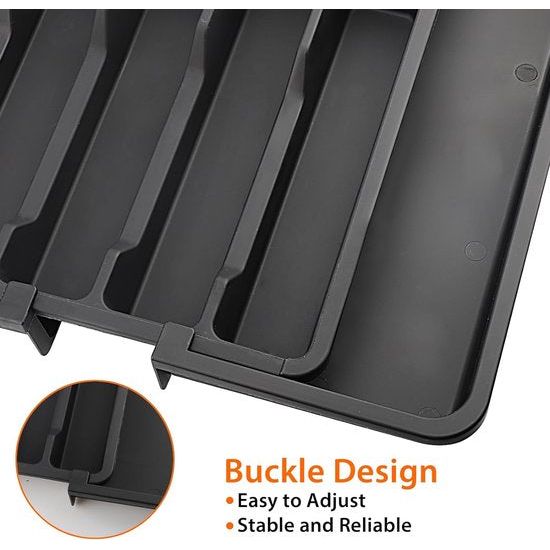 Bestekhouder, bestekbak, uittrekbare bestekhouder voor laden, van kunststof, met 8 vakken, geschikt voor lepels, vorken, messen (33,5-56,5 x 6 x 37,5 cm) (zwart)