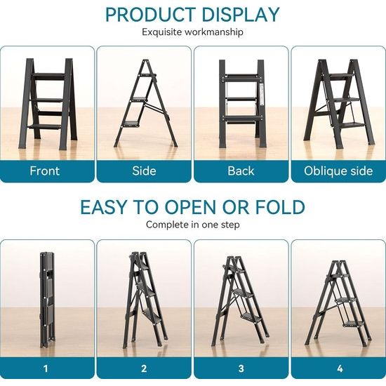 Trapladder, 3 treden, inklapbaar, aluminium vouwladder, draagbare vouwladder met breed anti-slip pedaal, opvouwbare huishoudladder, lichte ladder, draagvermogen 150 kg, zwart