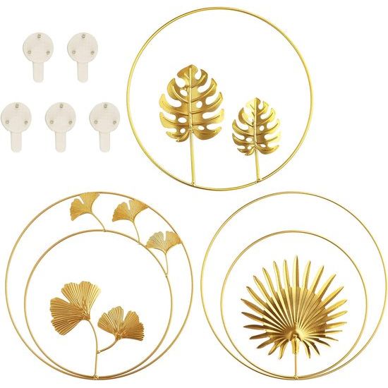 Gouden wanddecoratie van metaal, 3D wandsculpturen 3-pack met 5 fotohaken, Ginkgo bladkunst hangornament, ronde wanddecoratie voor de woonkamer slaapkamer, achtergrond wanddecoratie, Moederdag cadeau.