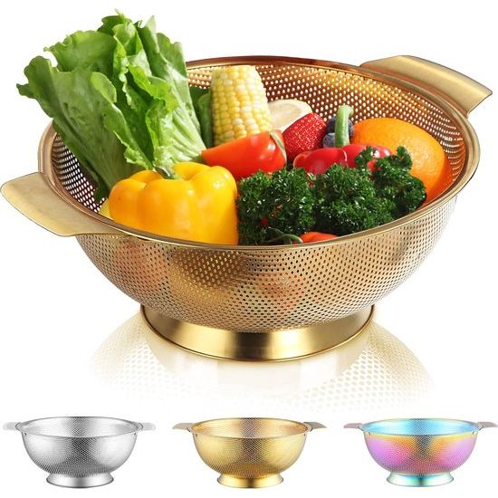 Gold Colander 5 kwart, professionele titanium goud plating roestvrijstalen zeef met heavy duty handgrepen en zelfdragende vaste ringbasis, eenvoudig te reinigen en vaatwasmachinebestendig