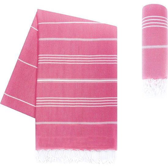 Premium hamamdoek met handgeknoopte franjes, 100% katoen, XXL strandhanddoek, 100 x 200 cm, Oeko-TEX 100, grote strandhanddoek, saunahanddoek en reishanddoek (roze)