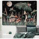 Paddestoel wandtapijt zwart bos slak wandbehang maan sterren planten wanddoek muurkunst wandtapijt voor slaapkamer woonkamer 150x150cm
