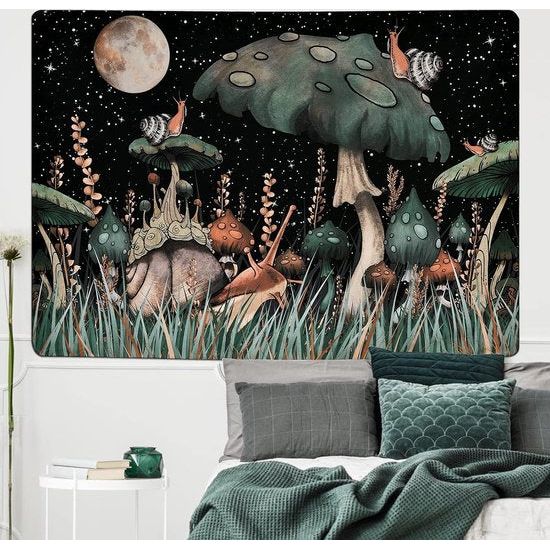 Paddestoel wandtapijt zwart bos slak wandbehang maan sterren planten wanddoek muurkunst wandtapijt voor slaapkamer woonkamer 150x150cm
