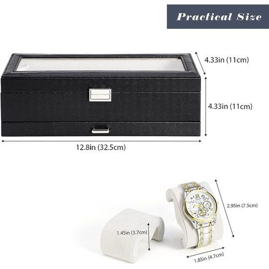 Horlogedoos met 6 vakken, horlogedoos met glazen deksel, 2 niveaus, horlogekoffer met uitneembaar horlogekussen, horlogedoos voor sieraden, ringen, armbanden en halskettingen, zwart