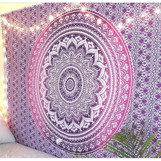 Indiase psychedelische Mandala Wandtapijt Roze Ombre, Boho Wandkleed Hippie, Indiase Wanddoek, Grote Katoenen Wandtapijten 210 x 220 cm.