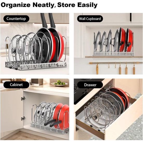 pannenhouder voor lade, uitbreidbare potdekselhouder met 7 verstelbare verdelers, potdeksel opbergpan organizer dekselhouder voor keuken, zilver