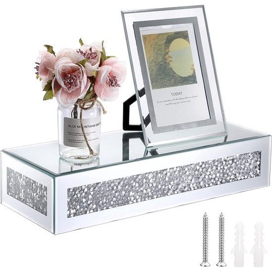Decoratieve spiegelglasplank met gemalen diamanten voor wandmontage Decoratieve spiegelglasplank met gemalen diamanten voor wandmontage