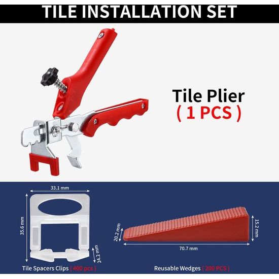 Tegelnivelleringssysteem, 2 mm voegenbreedte leghulp, 400 lussen + 200 wiggen + 1 tang voor tegelleghulp, nivelleringsset tegels voor doe-het-zelf en professionals