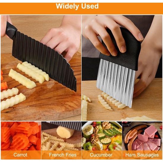 2 stuks gekleurd mes voor gekarteld snijden van roestvrij staal, golvend aardappelmes, golfmes, golfsnijmes voor groenten, fruit, fruit, aardappel, zwart