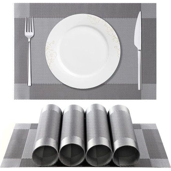 Placemat set, antislip, afwasbaar pvc en hittebestendig, placemats voor thuis of restaurant, voor de eettafel (bruin/zilver)