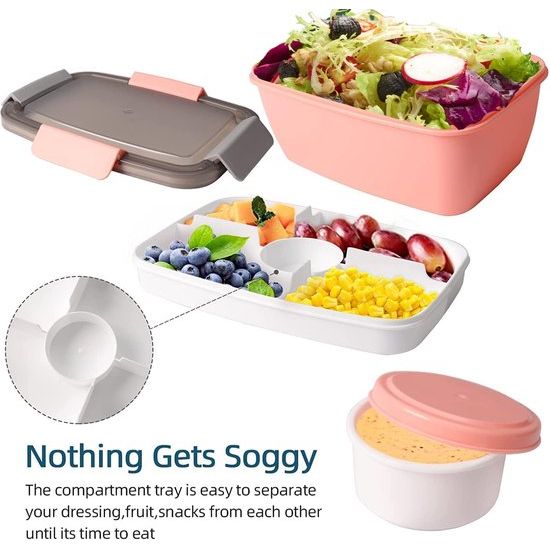 Lunchbox voor volwassenen, broodtrommel met 3 vakken, Bento Box met sa Lunchbox voor volwassenen, broodtrommel met 3 vakken, Bento Box met sa