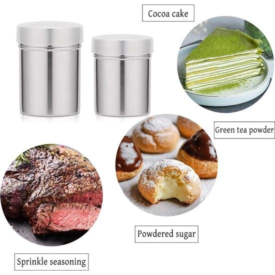 RVS poederstrooier, 2 stuks chocoladestrooier, cacaostrooier voor cappuccino, poedersuikerstrooier, poedersuikerstrooier, poedersuikermolen, cacaostrooier, schudbeker met deksel, meelstrooier, meelzeef