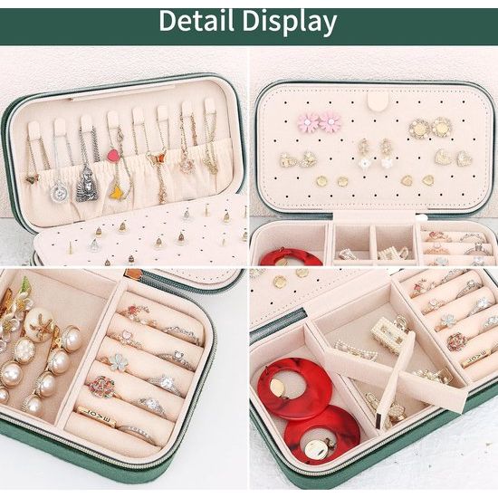 Klein reissieradenkistje, fluweel, voor meisjes en vrouwen, mini-sieradenorganizer, opslag voor ringen, oorbellen, halskettingen, armbanden, klein sieradenkistje, donkergroen