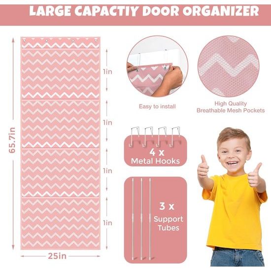 Opslag voor knuffeldieren, boven de deur-organizer voor knuffeldieren, babyaccessoires en vochtige doekjes, ademende hangorganizer met 4 grote vakken voor kinderkamer, slaapkamer, roze
