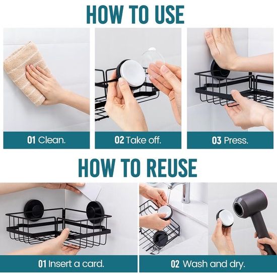 Corner Shower Caddy Suction Cup Shower Shelf No Drilling Shower Corner Basket Suction Heavy Duty Max Hold 10 kg for Bathroom & Kitchen Corner Shower Rack Black in Iron