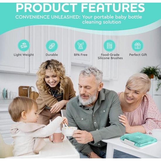 7-in-1 babyfles-reinigingsset: flessenborstel, zuigborstel, stroborstel, zeepdispenser, lepel, droogstandaard babyflessen, opbergdoos, reisbenodigdheden (turquoise)