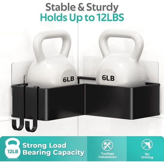 Doucheplank, zonder boren, roestvrij, zelfklevend, badkamerorganizer, hoek, doucheplank met 4 haken en zeephouder, duurzame shampoohouder voor douche van roestvrij staal, 2 stuks