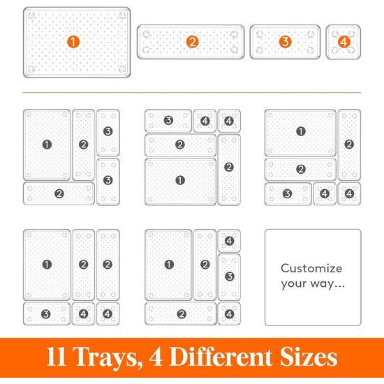 11 stuks lade-organizer van helder kunststof, bureau-ladeverdeler, tablets, commode, opbergdozen, scheidingsdoos voor make-up, sieraden en gadgets, slaapkamer, badkamer, kantoor