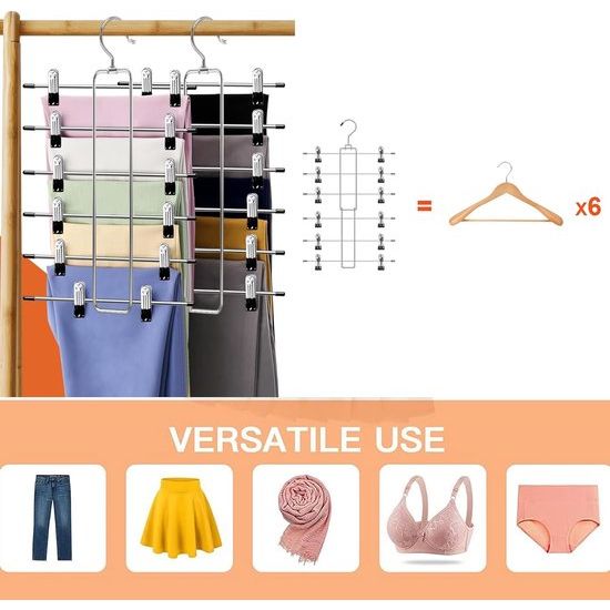 Broekhanger, ruimtebesparend, metalen broekhanger, klemmen, set van 2, broekkleerhangers van metaal, met verstelbare klemmen, antislip, voor broek/rokken, zwart (2 stuks)
