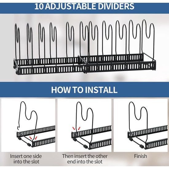 Potdekselhouder, uitbreidbare dekselhouder Lade Potdekselhouder met 10 verstelbare verdelers Pannenhouder Potdekselhouder Lade voor potdeksels, snijplanken, pannen