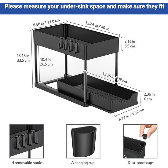 Onder wastafelrek, 2 etages, staand rek, keuken, werkblad, rek, organizer, multifunctioneel keukenrek, kruidenrek, onderkastrek, spoelkastrek, zwart