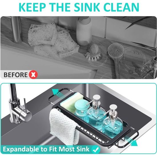 Afvoerbak, verstelbaar droogrek met vaatdoek, bar, instelbaar via de gootsteen, organizer voor keuken, roestvrij sponshouder organizer (1 niveau)