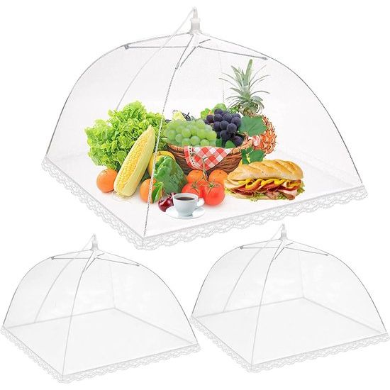 3 stuks vliegenkap, opvouwbare vliegenscherm, afdekhoes, netbescherming, eetscherm, levensmiddelafdekking, tent voor picknick, eten, fruit, BBQ (wit, 32 x 32 x 19 cm)