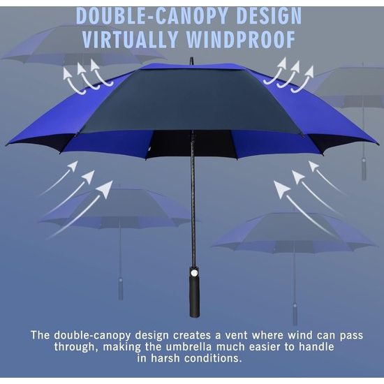 Winddichte paraplu, grote, XL golfparaplu met automatisch openen/sluiten voor mannen en vrouwen, reisparaplu met draagriem (donkerblauw)