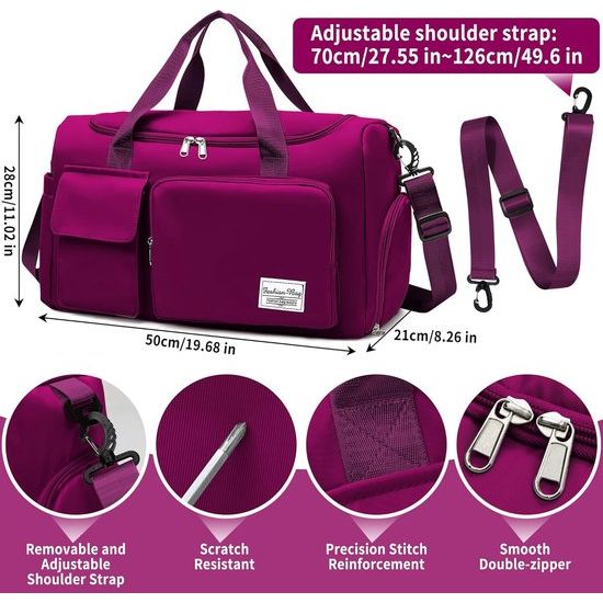 Sporttas voor dames en heren, reistas met schoenenvak en nat vak, groot, opvouwbaar, waterdichte zwemtas, lichte trainingstas, jongens, meisjes, duffeltas voor sport, fitness, reizen, paars