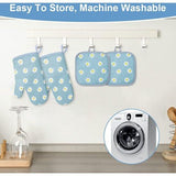 1 paar ovenwanten en 2 pannenlappen, katoenen antislip ovenhandschoenen, wasbare ovenhandschoenen, hittebestendig [tot 180 °C/356 °F], kookhandschoenen voor koken, bakken, grillen, blauwe