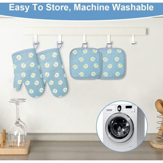 1 paar ovenwanten en 2 pannenlappen, katoenen antislip ovenhandschoenen, wasbare ovenhandschoenen, hittebestendig [tot 180 °C/356 °F], kookhandschoenen voor koken, bakken, grillen, blauwe