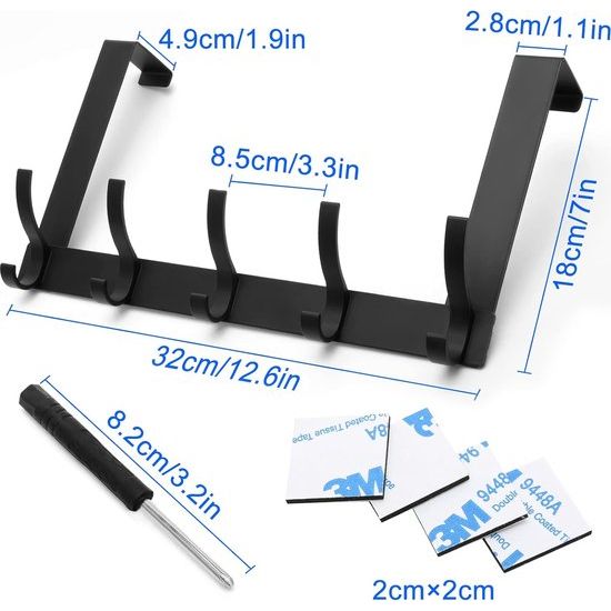 Deurhaken om op te hangen, 10 haken, deurhaken, kledinghaken, deur, zonder boren, deurhaken om op te hangen, zwart, geschikt voor deuren van minder dan 4,5 cm dik