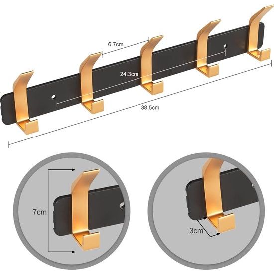 Kapstokhaken, zwart en goud, met 5 haken, deurhaken voor badkamer, keuken, woonkamer en hal