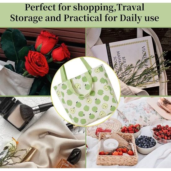 Dubbelzijdige linnen tas van katoen en linnen, stoffen tas, boodschappentas, katoenen schouderriem, dubbele draaggreep, canvas, messenger bag voor dames, kinderen (groene appels, 31 x 10 x 31 cm)