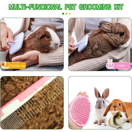 Verzorgingsset voor kleine dieren met vallende borstel voor huisdieren Badmassagehandschoen Pet Grooming Kam Nagelknipper voor konijn cavia puppy kat kitten hamster fret (roze)