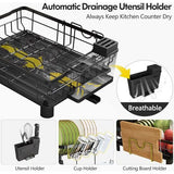 Afdruiprek, roestvrijstalen afdruiprek voor aanrecht met keukengereihouder, afdruiprek met bekerhouder, snijplankhouder en afwasmat (zwart)