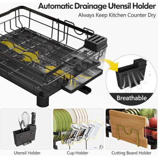 Afdruiprek, roestvrijstalen afdruiprek voor aanrecht met keukengereihouder, afdruiprek met bekerhouder, snijplankhouder en afwasmat (zwart)