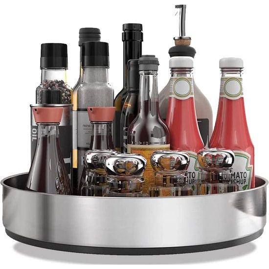 Keukenorganizer, draaiplateau, organizer, 360 graden roterende voorraaddoos voor levensmiddelen, kruidenhouder van roestvrij staal, zilver, 20 cm