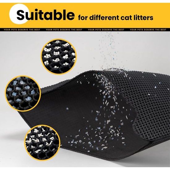Kattenbakmat, hoogwaardige dubbellaagse waterdichte kattenmat, honingraatpatroon om de strooiverdeling te regelen, eenvoudige reiniging voor de kattenbakmat (zwart, groot, 76 x 61 cm)