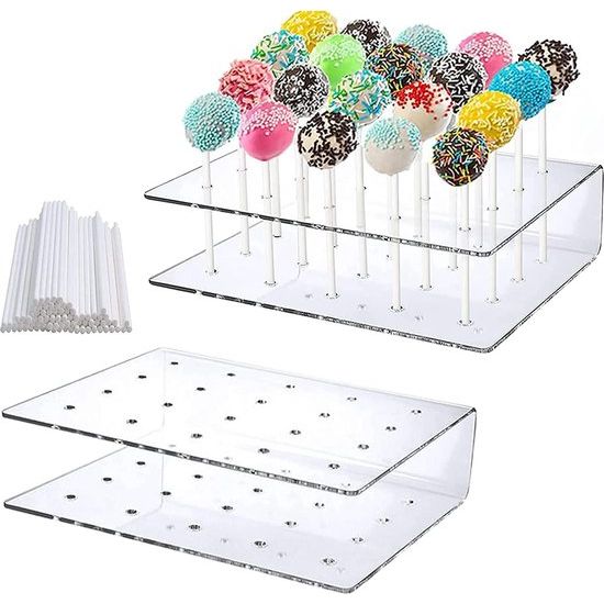 Ruikdly 2 stuks cakepopstandaard met 100 stuks lollysticks, cakepophouder, 20 gaten, lollyhouder, standaard voor bruiloft, verjaardag, dessert, tafel, feestdecoratie