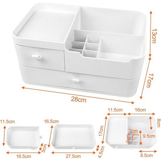 Make-up organizer, cosmetica-organizer, make-up, cosmetica opslag, make-up-opbergsysteem, make-up-opbergbox voor commode, slaapkamer, badkamer (2 laden, wit)