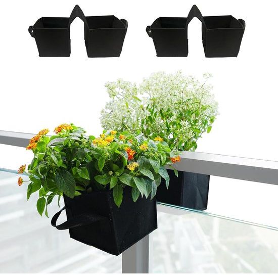 Hangende bloempotten voor leuningen, hek, balkon, tuin, huisdecoratie, bloemenhouder, 600 g verdikte vlies-plantenpotten met handgrepen, set van 2, zwart