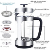 French Press koffiezetapparaat koffiepers van roestvrij staal met borosilicaatglas, antislip soft handvat, 1000ml (8 kopjes)