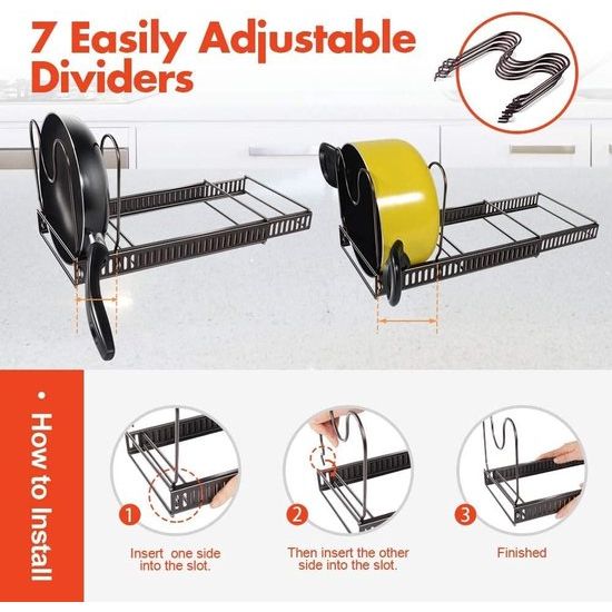 Pannendekselhouder, pannenhouder voor lade, opslag met 8 verstelbare vakken, dekselhouder lade, pannenhouder voor keuken, organizer, zwart