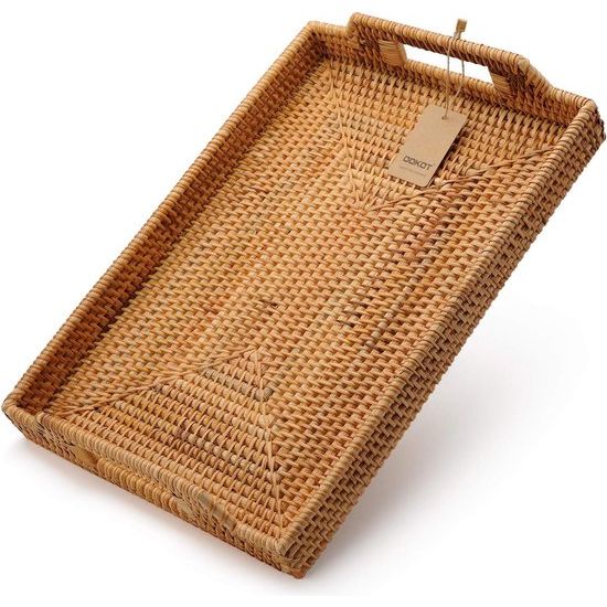 Serveerdienblad, rechthoekig, antislip, met handvat, rotan (natuurlijk, 37 x 26 x 3,5 cm)