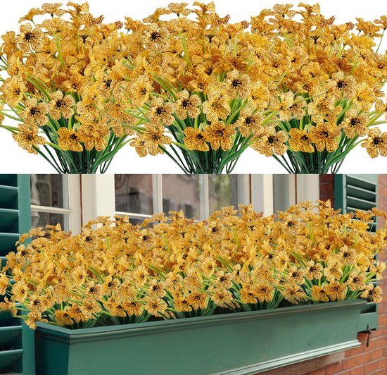 Kunstbloemen 16 bundels voor buiten, UV-bestendig, nepbloemen, vervaagt niet, faux kunststof, groenery, struiken, tuin, veranda, vensterbox, decoratie (geel)
