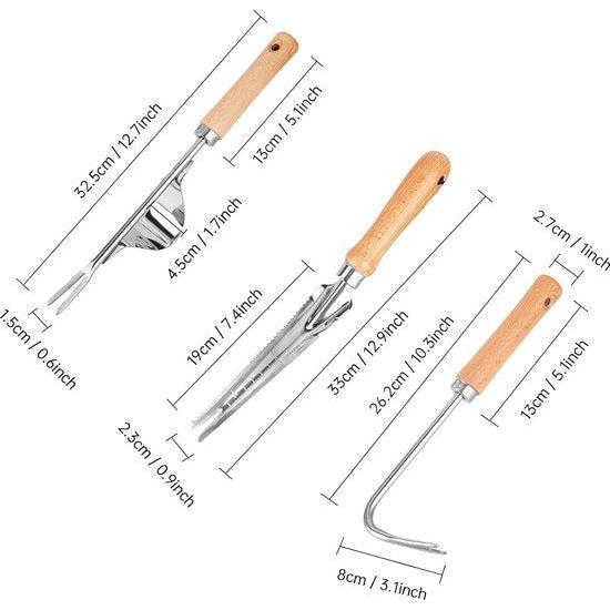 Handmatige onkruidsteker met houten handvat, roestvrij staal, handmatige onkruidsteker voor in de tuin, handmatig onkruidsteker, voor tuin, wieden, verplanten, ontwortelen, 3 stuks