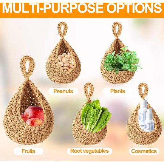 2 stuks hangende fruitmand, gevlochten hangmand keuken voor fruitopslag, fruitmand hangende muur met haak, fruitmand in Boheemse stijl voor opslag keuken